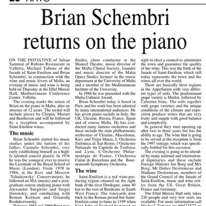 Schembri returns
Sunday Times of Malta
14.05.2000